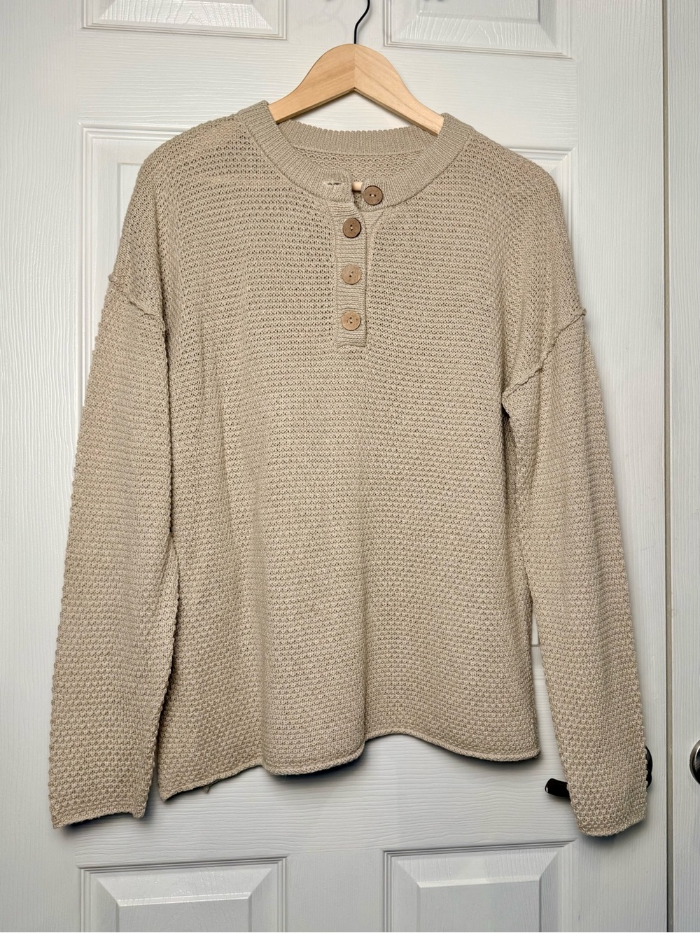 Light Beige Knit Henley Top with Button Placket